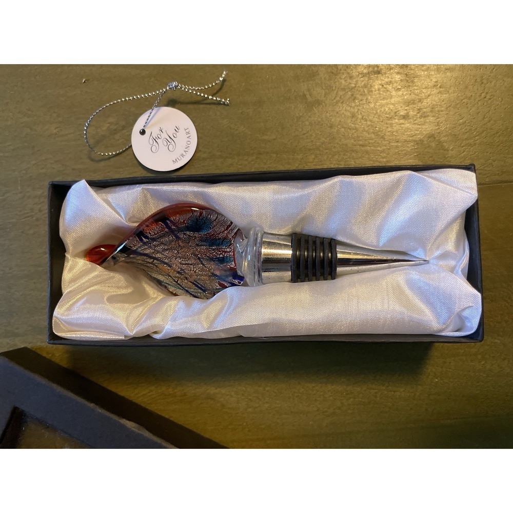 Murano Style Art Glass Wine Bottle Stopper Red Blue Silver Vintage